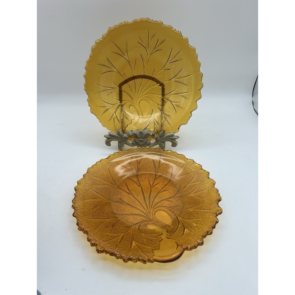 (2) Vintage Amber Indiana Glass Round Tray Tree Of Life Pattern & Jagged Edge 8"